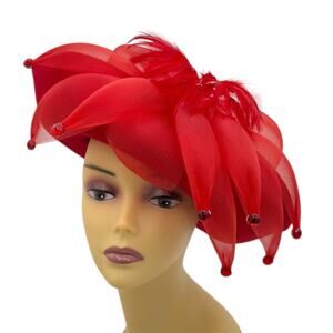 Vtg Jezbel Red Felt Wool Hat w/ Red Tulle Accent Beads Feathers USA EUC